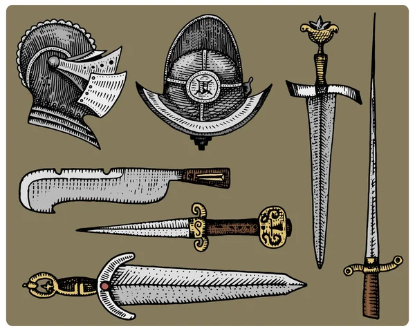 Mittelalterliche Symbole, Helm und Schwerter, Messerjahrgang, handgraviert im Skizzen- oder Holzschnitt-Stil, altmodisch anmutendes Retro, isolierte Vektor-realistische Illustration. — Stockvektor