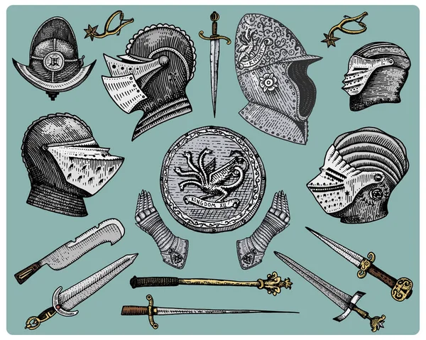 Mittelalterliche Symbole, Helm und Handschuhe, Schild mit Drachen und Schwert, Messer und Keule, Sporn Vintage, handgraviert in Skizze oder Holzschnitt, altmodisch — Stockvektor