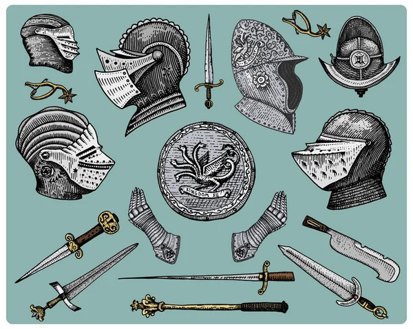 Orta Çağ sembolleri, kask ve eldiven, kalkan ejderha ve kılıç, bıçak ve topuz, mahmuz vintage, oyulmuş elle çizilmiş kroki veya stil, retro görünümlü eski kesim ahşap ile — Stok Vektör