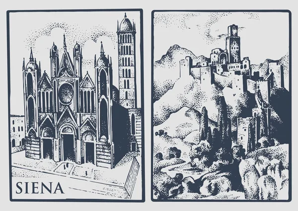 Zwei alte Postkarten mit Landschaften der Toskana, Italien. Siena Kathedrale und Burg im Hügel Vintage-Look graviert, handgezeichnete Illustration, alt — Stockvektor