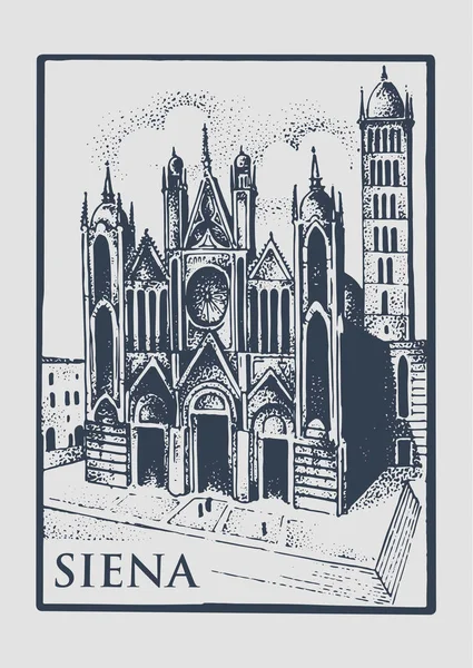 Igreja gótica em Siena, Toscana, Itália velho olhar vintage desenhado à mão gravada ilustração com construção e símbolo da cidade catedral duomo di siena — Vetor de Stock