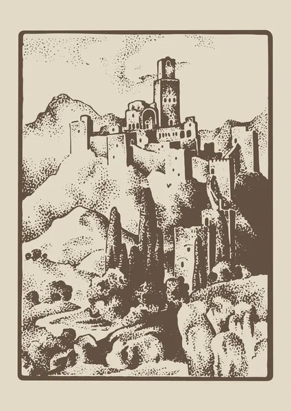 Castillo medieval en la colina en Tuskany, Italia vintage, mano grabada dibujada en boceto o estilo de corte de madera, de aspecto antiguo romano . — Vector de stock