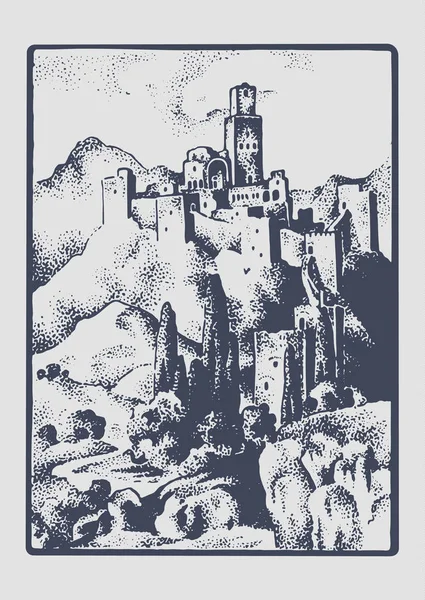 Średniowieczny zamek w hill w vintage kempingi Wyspa Elba, Włochy, grawerowane ręcznie rysowane w szkicu lub drewno cięte stylu, szukam retro rzymski. — Wektor stockowy