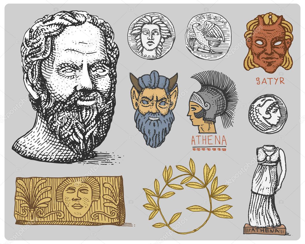 ancient Greece, antique symbols Socrates head, laurel wreath, athena statue and satyr face with coins vintage, engraved hand drawn in sketch or wood cut style, old looking retro