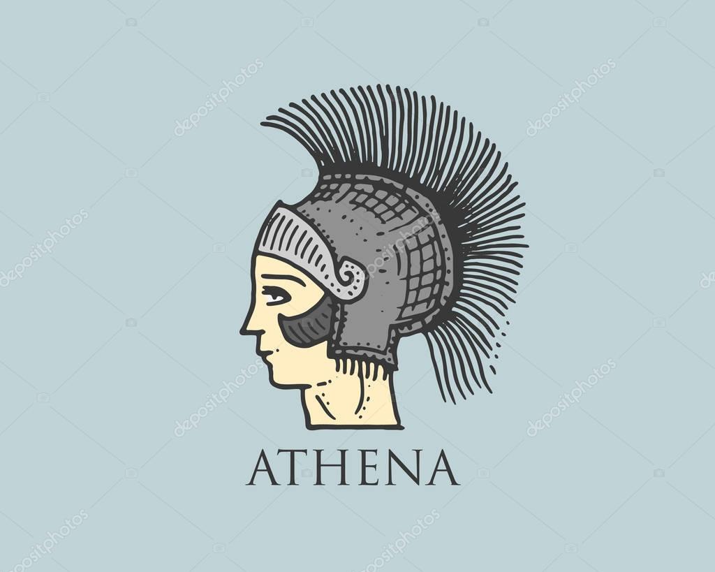 Godness Athena logo ancient Greece, antique symbol vintage, engraved hand drawn in sketch or wood cut style, old looking retro.