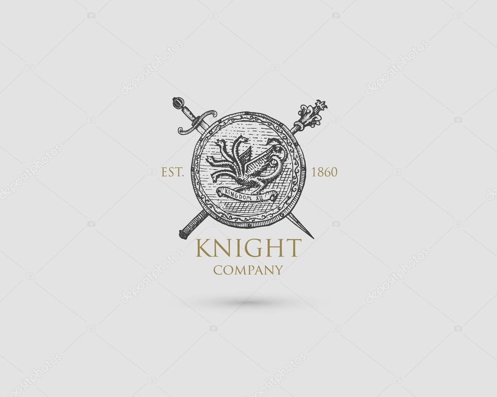 Vintage sword badges or labels and logo set. Heraldry elements. Symbol rider knight, design emblem. Vector illustration