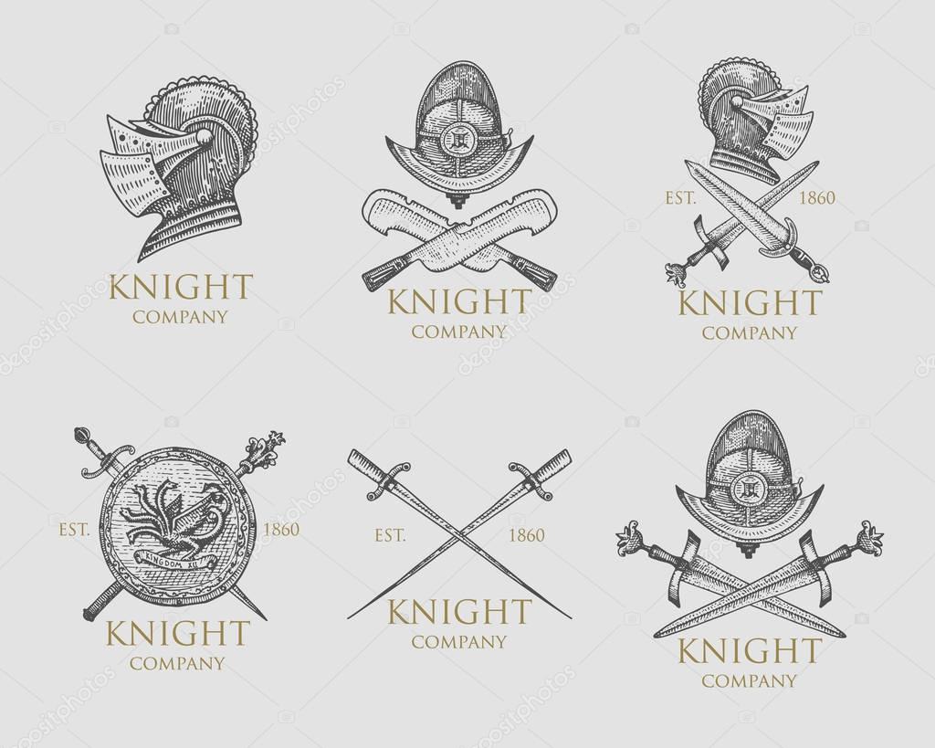 Set of monochrome knights emblems, badges, labels and logos midieval helmet, swords, mace, daggers shield antique vintage symbol , engraved hand drawn in sketch or wood cut style, old looking retro.