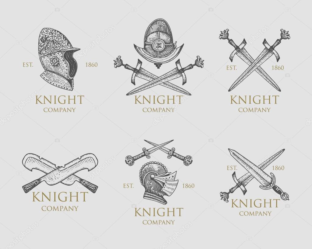 Set of monochrome knights emblems, badges, labels and logos midieval helmet, swords, mace, daggers shield antique vintage symbol , engraved hand drawn in sketch or wood cut style, old looking retro.