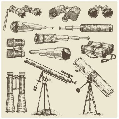 dizi astronomik aletleri, teleskoplar TemizlikFleksibl ve dürbün, çeyrek, sextant vintage elle çizilmiş kazınmış veya ahşap kesim tarzı, eski kroki gözlük