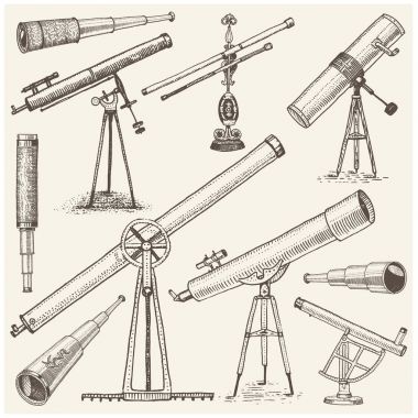 set of astronomical instruments, telescopes oculars and binoculars, quadrant, sextant engraved in vintage hand drawn or wood cut style , old sketch glasses clipart