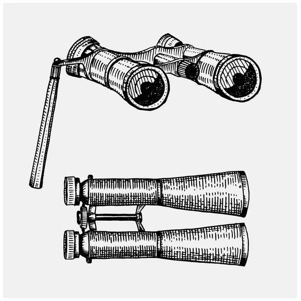 Binocular monocular vintage, grabado a mano dibujado en boceto o estilo de corte de madera, viejo instrumento de aspecto retro cinético para explorar y descubrir . — Vector de stock