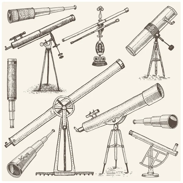 Ensemble d'instruments astronomiques, télescopes oculaires et jumelles, quadrant, sextant gravé dans un style vintage dessiné à la main ou coupé au bois, vieilles lunettes de croquis — Image vectorielle