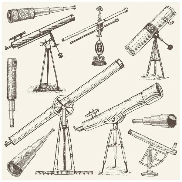 Conjunto de instrumentos astronómicos, telescopios oculares y binoculares, cuadrante, sextante grabado en estilo vintage dibujado a mano o corte de madera, gafas de dibujo antiguas — Vector de stock