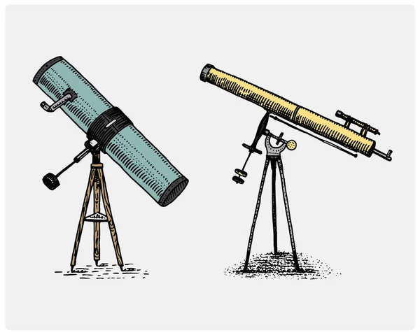 Астрономический телескоп, старинный, выгравированный вручную, выполненный в стиле эскиза или резки дерева, старинный ретро-скинетический инструмент для исследования и открытия — стоковый вектор