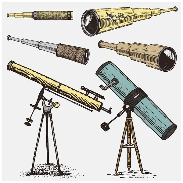 Uppsättning teleskop informationsprojicering, kvadrant och kikare, astronomiska instrument, sextant ingraverat i vintage hand dras eller trä skuren stil, gamla skiss glasögon — Stock vektor