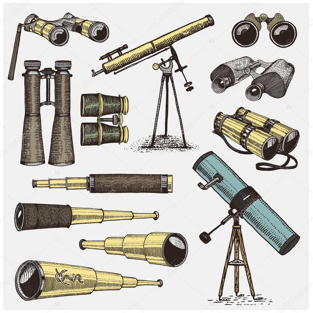 set of astronomical instruments, telescopes oculars and binoculars, quadrant, sextant engraved in vintage hand drawn or wood cut style , old sketch glasses
