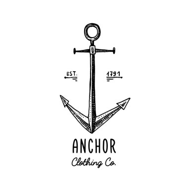 Anchor engraved vintage in old hand drawn or tattoo style, drawing for marine, aquatic or nautical theme, wood cut, blue logo clipart