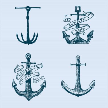 Eski elle çizilmiş içinde oyulmuş vintage çapa veya çizim deniz, su veya deniz Tema, ahşap kesme, mavi logo için stil, dövme