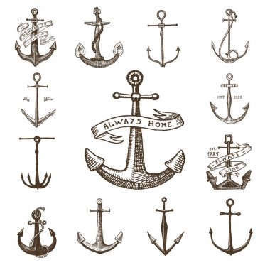 Eski elle çizilmiş içinde oyulmuş vintage çapa veya çizim deniz, su veya deniz Tema, ahşap kesme, mavi logo için stil, dövme