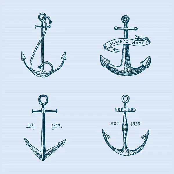 Ancre gravée vintage dans un style ancien dessiné à la main ou tatouage, dessin pour thème marin, aquatique ou nautique, coupe de bois, logo bleu — Image vectorielle