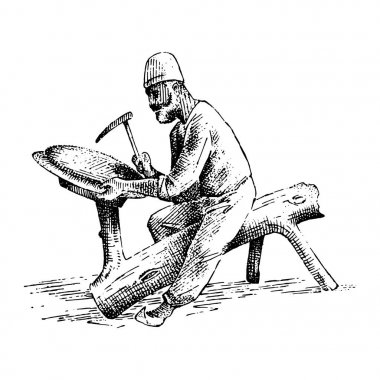 minter veya iş, cooper oyma vazo veya çanak, tabak elle çizilmiş illustrtation yapan eski Arap erkek coiner. Meslek antik