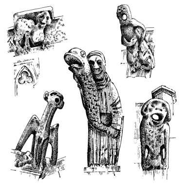 Gargoyles Chimera, Notre-Dame de kazınmış, Paris, elle çizilmiş vektör çizim Gotik veliler ile içerir architectual elemanları, vintage heykel Ortaçağ