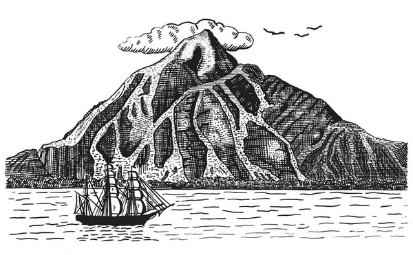 Océano o mar con barco, velas junto al volcán o montaña, ilustración de paisaje dibujado a mano pirata grabado — Archivo Imágenes Vectoriales