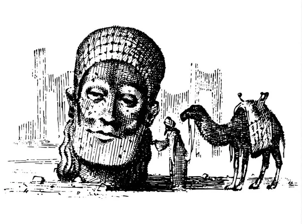 Ökenlandskap med arabiska och camel bredvid statyn ansikte, turistiska hand dras illustration av att utforska i stoftet, arabiska gubbe på camelback — Stock vektor