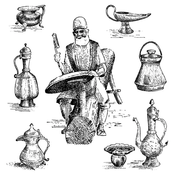 Picador ou marceneiro no trabalho, velho homem árabe fazendo gravura cooper em vaso ou prato, placa desenhada à mão ilustração. profissão antiga —  Vetores de Stock