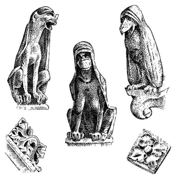 Ensemble de Gargoyles Chimère de Notre-Dame de Paris, gravé, illustration vectorielle dessinée à la main avec des gardiens gothiques comprennent des éléments architecturaux, statue d'époque médiévale — Image vectorielle