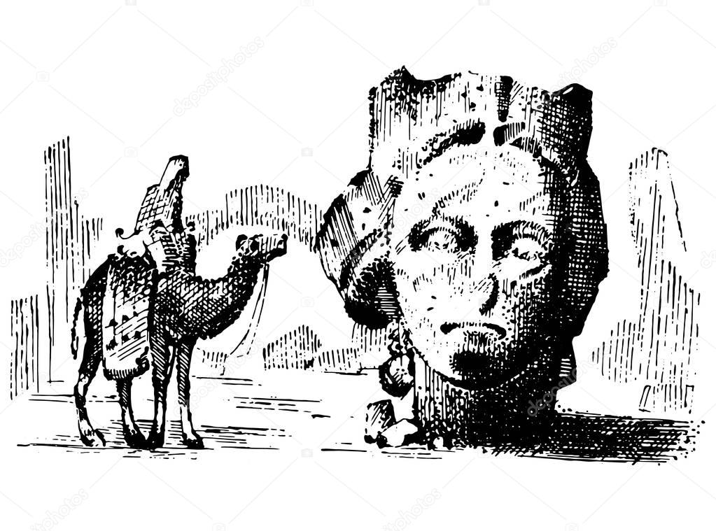desert landscape with arab and camel next to statue face, touristic hand drawn illustration of exploring in the dust, old arabic man on camelback