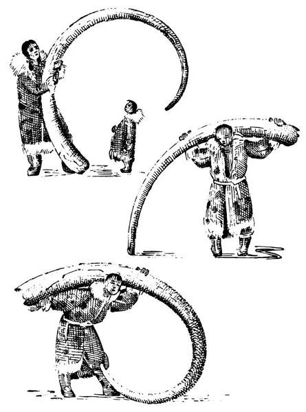 Esquimó com chifre de mamute, ossos de elefante pré-histórico, ilustração do conceito norte do Alasca nativo humano, desenhado à mão ou gravado vintage — Vetor de Stock