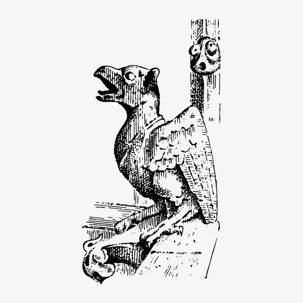 Gargoyle Chimera di Notre-Dame de Paris, incisa, illustrazione vettoriale disegnata a mano con guardiani gotici includono elementi architettonici, statua d'epoca medievale — Vettoriale Stock