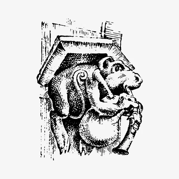 Gargoyle Chimère de Notre-Dame de Paris, gravé, illustration vectorielle dessinée à la main avec des gardiens gothiques comprennent des éléments architecturaux, statue d'époque médiévale — Image vectorielle