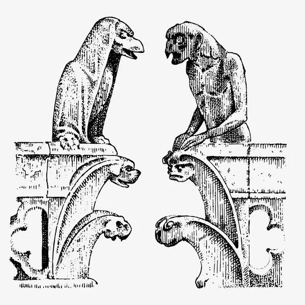 Gargulec Chimera z Notre-Dame de Paris, grawerowane, wektor ilustracja z gotyckim opiekunów obejmują elementy architektoniczne, starodawny statua średniowieczny — Wektor stockowy