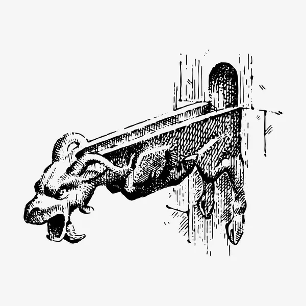 Gargoyle Chimera of Notre-Dame de Paris, engraved, hand drawn vector illustration with gothic guardians include architectual elements, vintage statue medieval — Stock Illustration Gargoyle Chimera of Notre-Dame de Paris, engraved, hand drawn vector illustration with gothic guardians include architectual elements, vintage statue medieval Vector Graphics
