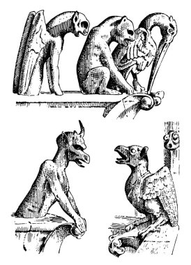 Gargoyles Chimera, Notre-Dame de kazınmış, Paris, elle çizilmiş vektör çizim Gotik veliler ile içerir architectual elemanları, vintage heykel Ortaçağ