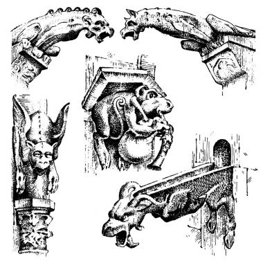 Gargoyles Chimera, Notre-Dame de kazınmış, Paris, elle çizilmiş vektör çizim Gotik veliler ile içerir architectual elemanları, vintage heykel Ortaçağ
