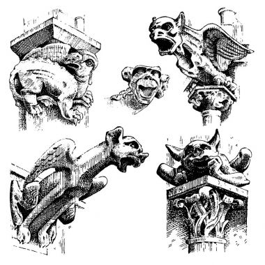 Gargoyles Chimera, Notre-Dame de kazınmış, Paris, elle çizilmiş vektör çizim Gotik veliler ile içerir architectual elemanları, vintage heykel Ortaçağ