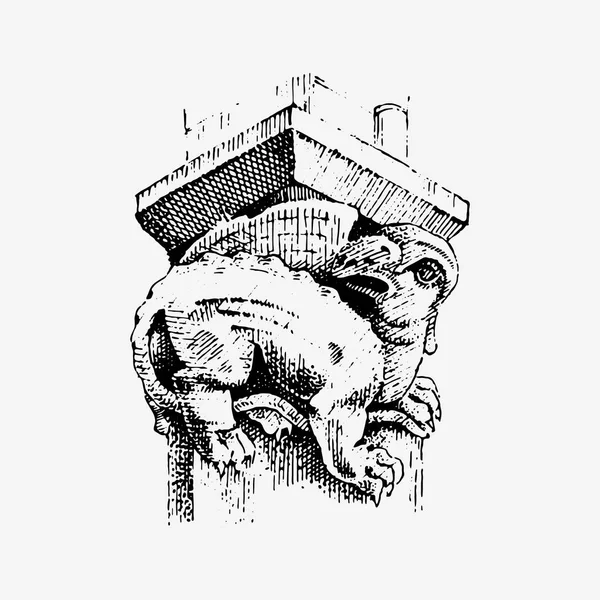 Gargoyle Chimère de Notre-Dame de Paris, gravé, illustration vectorielle dessinée à la main avec des gardiens gothiques comprennent des éléments architecturaux, statue d'époque médiévale — Image vectorielle