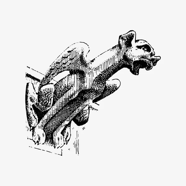 Gargoyle Chimera di Notre-Dame de Paris, incisa, illustrazione vettoriale disegnata a mano con guardiani gotici includono elementi architettonici, statua d'epoca medievale — Vettoriale Stock