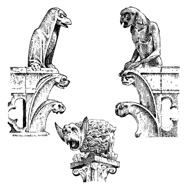 Set di Gargoyles Chimera di Notre-Dame de Paris, inciso, illustrazione vettoriale disegnata a mano con guardiani gotici includono elementi architettonici, statua d'epoca medievale — Vettoriale Stock