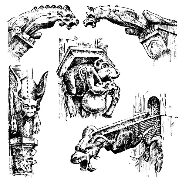 Ensemble de Gargoyles Chimère de Notre-Dame de Paris, gravé, illustration vectorielle dessinée à la main avec des gardiens gothiques comprennent des éléments architecturaux, statue d'époque médiévale — Image vectorielle