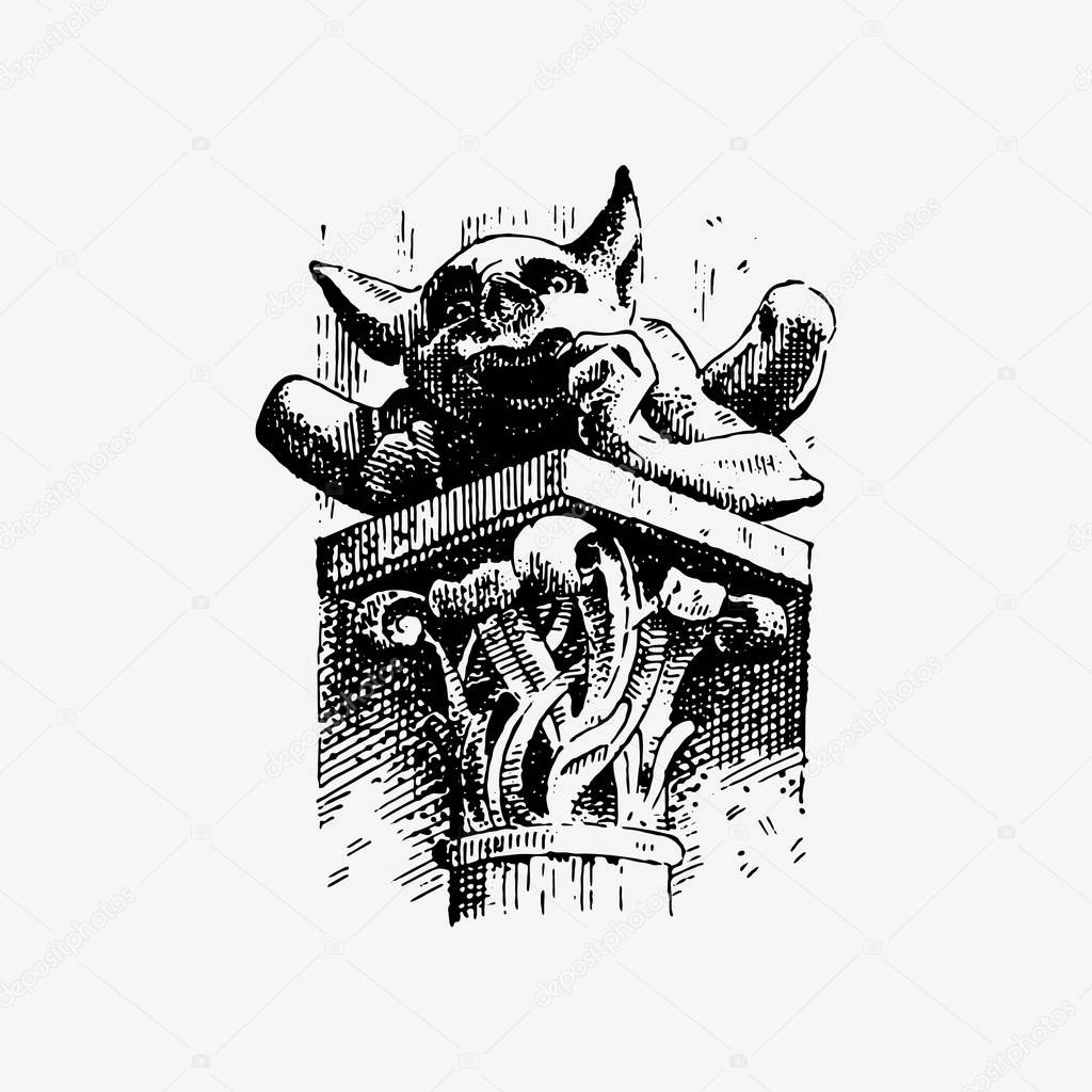 Gargoyle Chimera of Notre-Dame de Paris, engraved, hand drawn vector illustration with gothic guardians include architectual elements, vintage statue medieval