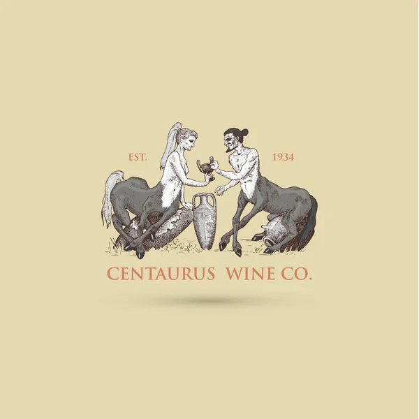 Due Centaurus condivisione logo del vino illustrazione, disegnato a mano o inciso vecchio cercando fantastico, bestie fiabesche mezzo uomo con il corpo del cavallo, mitologia greca — Vettoriale Stock