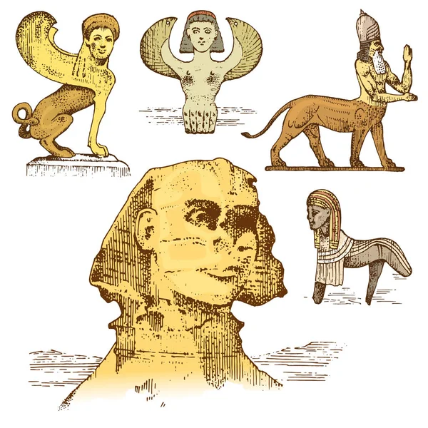 Esfinge egipcia y otras criaturas fantásticas, símbolos mitológicos de civilizaciones antiguas, centauro — Vector de stock