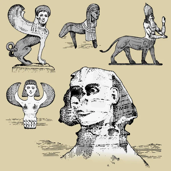 Esfinge egípcia e outras criaturas fantásticas, símbolos mitológicos de civilizações antigas, centauros — Vetor de Stock