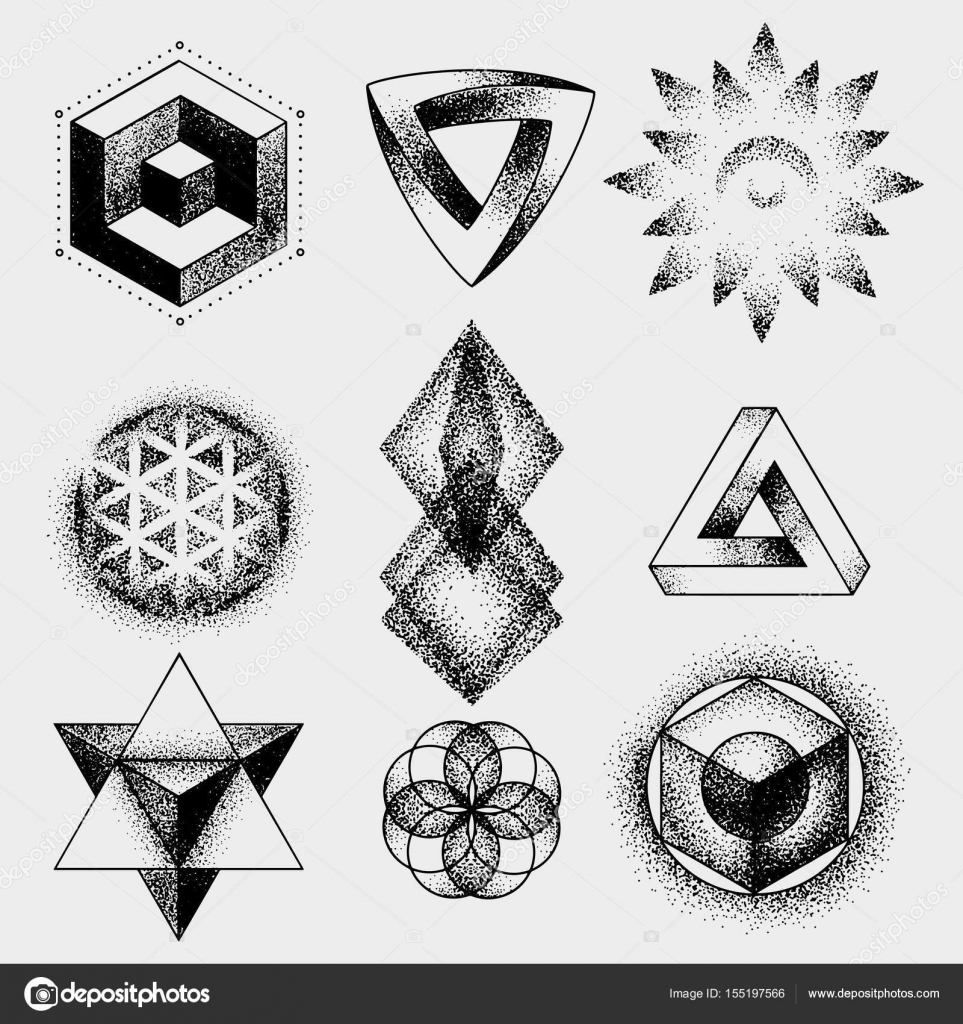 一連の不可能、その他入れ墨図形、dotwork、ブラックワークのすべての点で構成します。幾何学的な神聖な数字星とキューブ ストックベクター  ©ArthurBalitskiy 155197566, image size:963x1024