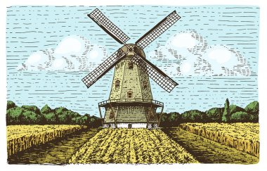 Windmill landscape in vintage, retro hand drawn or engraved style, can be use for bakery logo, wheat field with old building clipart