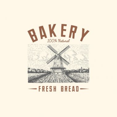 Yel değirmeni logo manzara çizilmiş veya kazınmış vintage, retro el stil, fırın logosu, buğday alan eski bina ile kullanmak olabilir